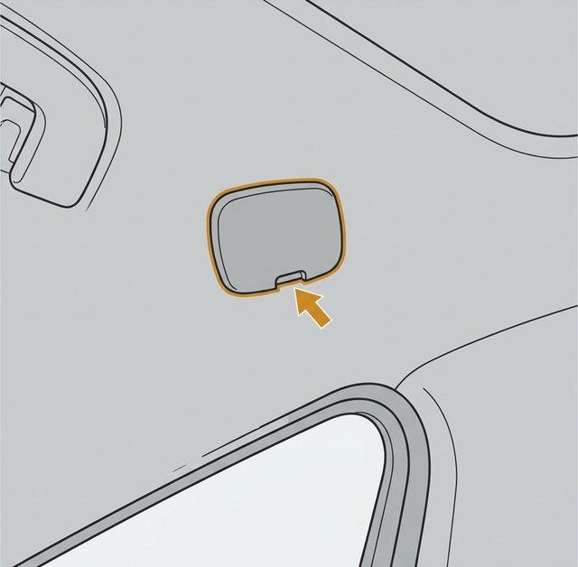 Close-up of the roof lining with a small rounded trim cap, outlined in amber, and an arrow to the notch on its edge.