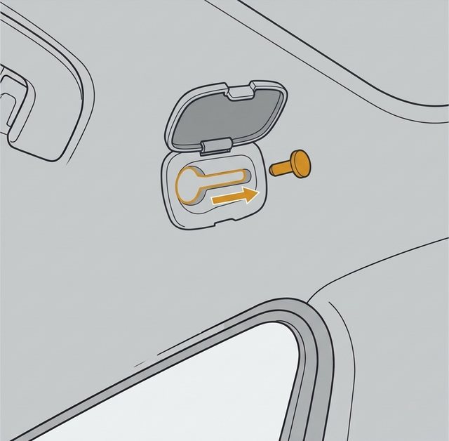 The trim cap flipped open, showing a keyhole-shaped slot outlined in amber and a mushroom-headed peg with an arrow sliding along the slot.
